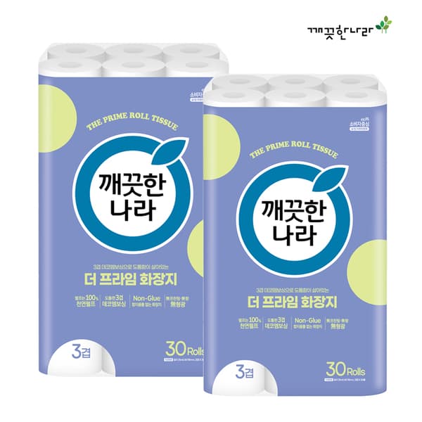 깨끗한나라 3겹 데코엠보 더 프라임 롤화장지, 25m, 30롤, 2개
