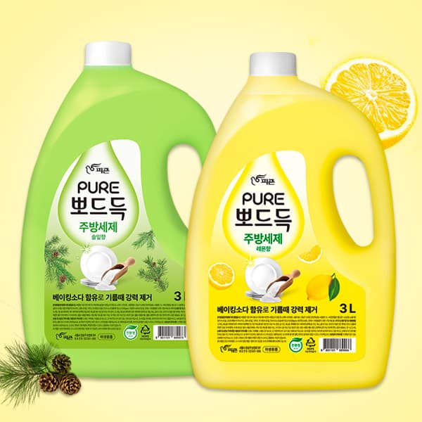 피죤 퓨어 뽀드득 주방세제, 레몬향 3L 1개 + 솔잎향 3L 1개, 2개