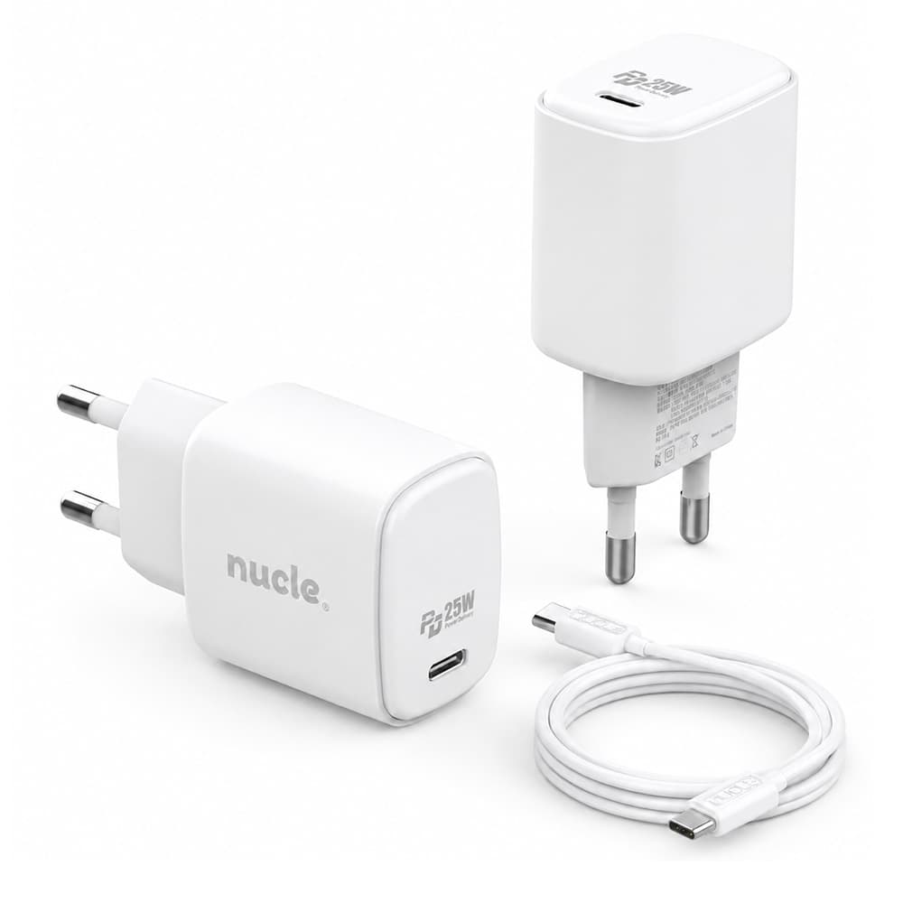 뉴클 PD 25W GaNC타입 초고속 충전기 1포트, 2개 + C to C 100W 케이블, 1m, 화이트, 1개