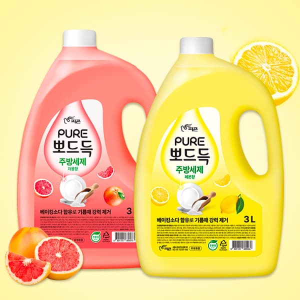 피죤 퓨어 뽀드득 주방세제, 레몬향 3L 1개 + 자몽향 3L 1개, 2개