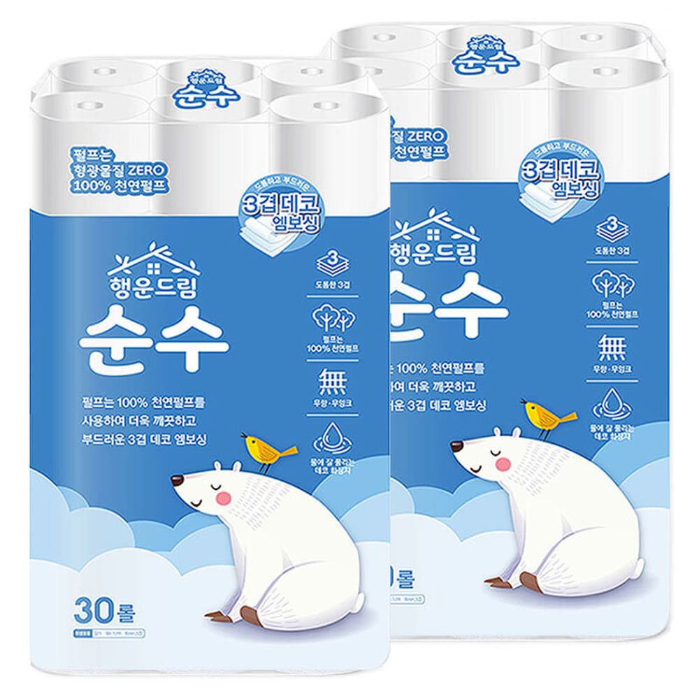 행운드림 순수 데코 화장지, 3겹, 18m, 30롤, 1개