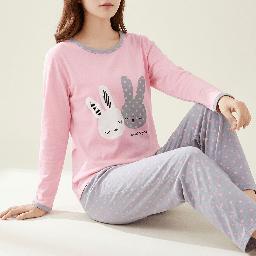 쉬블림로브 여성 토끼 땡땡이 도트 꿀잠 홈웨어 파자마 잠옷 세트 긴팔 긴바지, 원컬러, FREE
