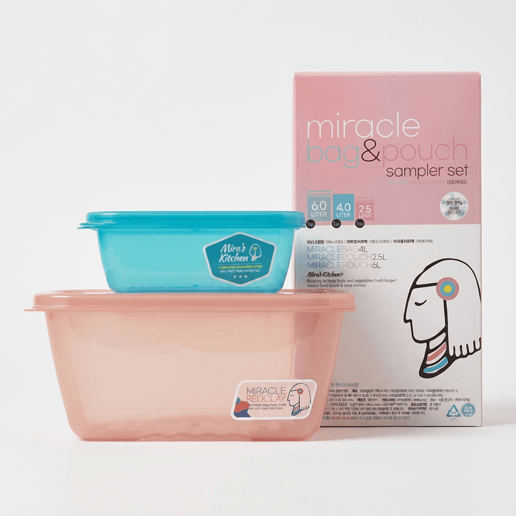 미라네주방 미라클통, 오리지널, 320ml, 1개 + 황토, 1.8L, 1개 + 미라클 샘플러 3매 세트, 1세트