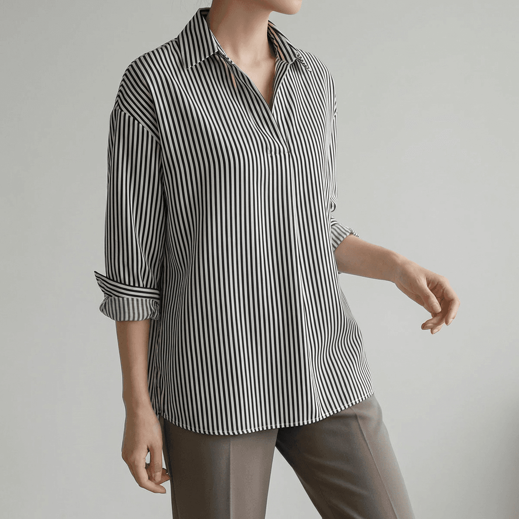 쉬블림로브 여성 스트라이프 반오픈 카라 데일리 블라우스 GW0607, 원컬러, FREE
