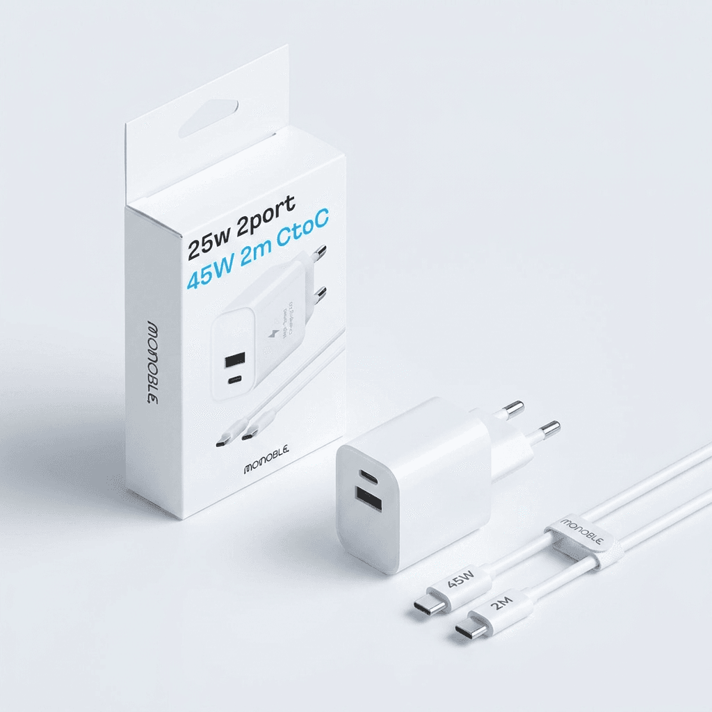 모노블 25W 2포트 초고속 가정용 충전기 + 45W 2m C to C 케이블 세트, 화이트, 1개