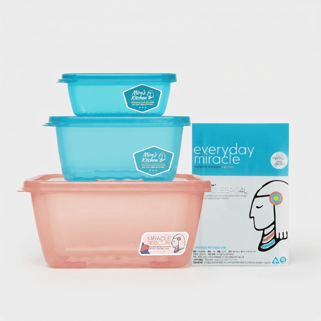 미라네주방 신선 밀폐용기, 오리지널 320ml + 오리지널 750ml + 황토 1.8L, 1세트 + 증정 미라클 봉투, 4L, 1개