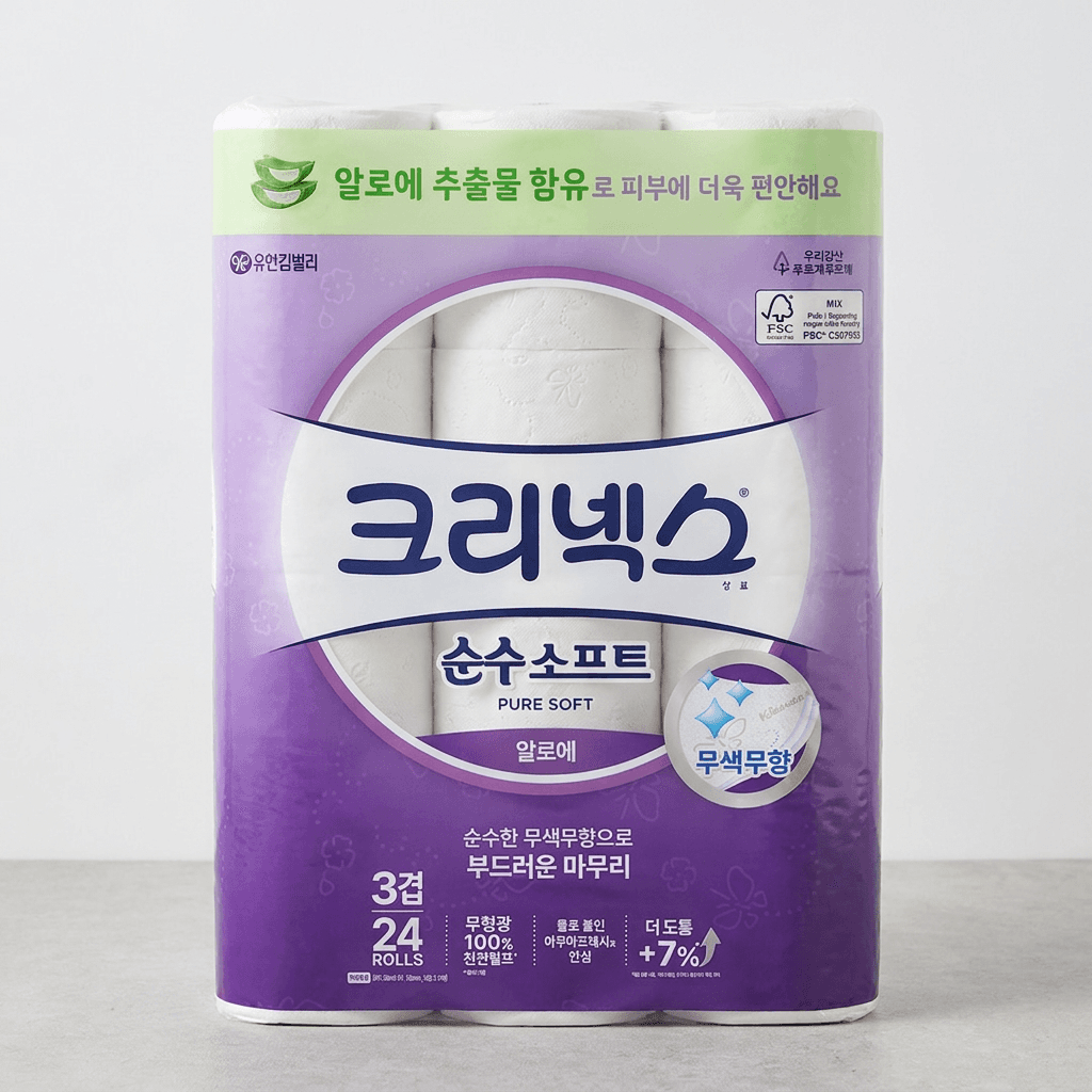 크리넥스 순수소프트 알로에 화장지, 3겹, 28m, 24롤, 2팩