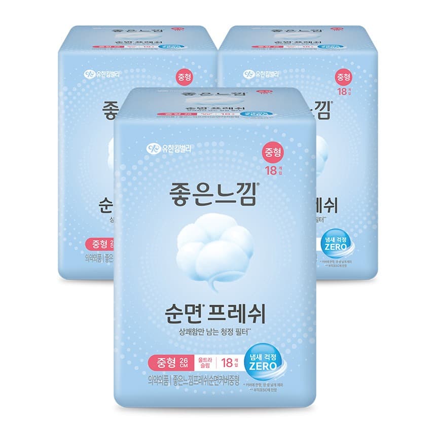 좋은느낌 순면프레쉬 생리대, 중형, 18매, 3팩
